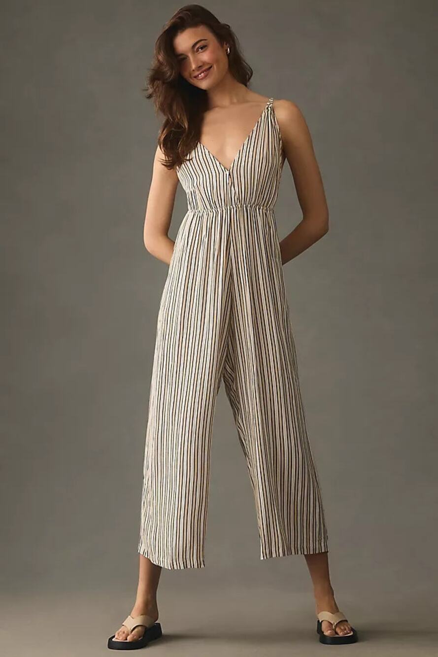 Lusana Anthropologie Rennie Jumpsuit Womens M/US 6 White Tan Striped Wide Leg